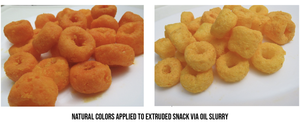 natural colors applied to snack using oil slurry