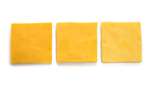 Beta carotene in cheese alternatives. From left to right: 0.075%, 0.04% and 0.02%.