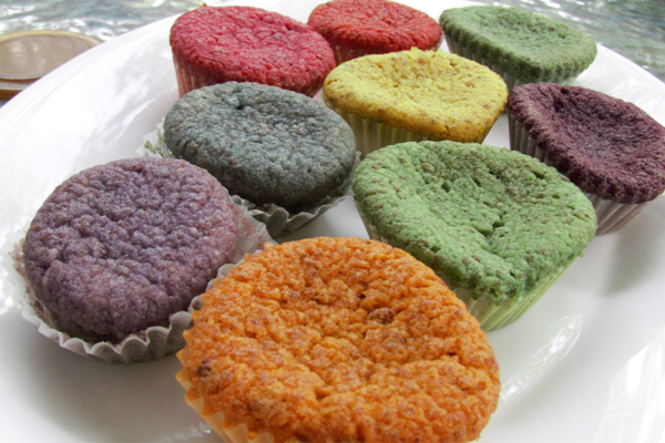 Brightly colored cupcakes fortified with linseed meal as a source of fiber.