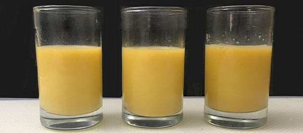 Inulin's effect on soy beverages. Each beverage colored with Emseal® Beta Carotene. From left to right: No inulin added, 4% inulin and 4% inulin after pasteurization.
