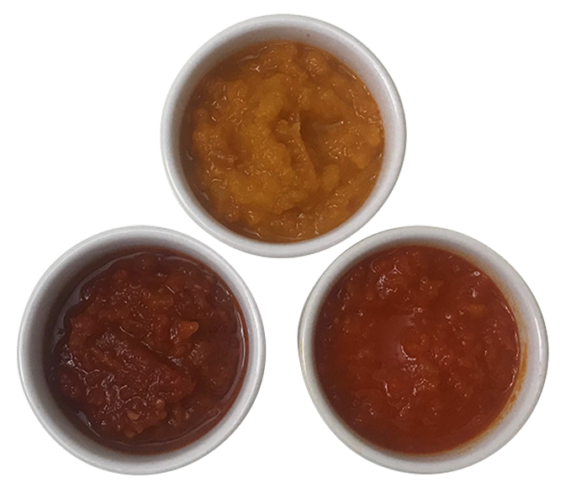 Upcycled tomato relish. No color added (top), Vegebrite® Black Carrot added (left) and red radish + beta carotene added.