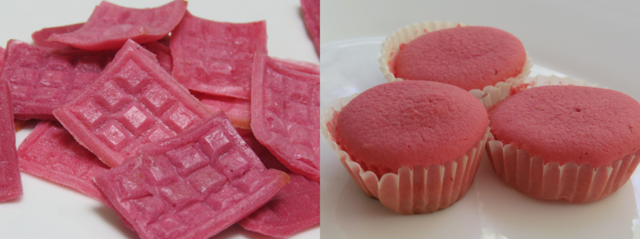 Carmine in baked goods: wafers and cupcakes.