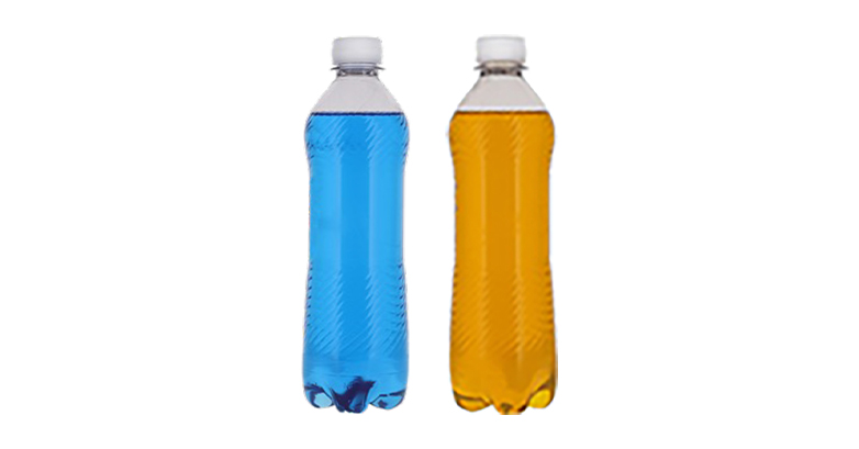 Two bottles of liquid coloured with natural colours. The first bottle is a bright blue, the second is a bright yellow.